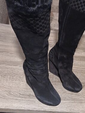 Gucci Black Suede Microguccissima Knee-High Boots – Size 38.5